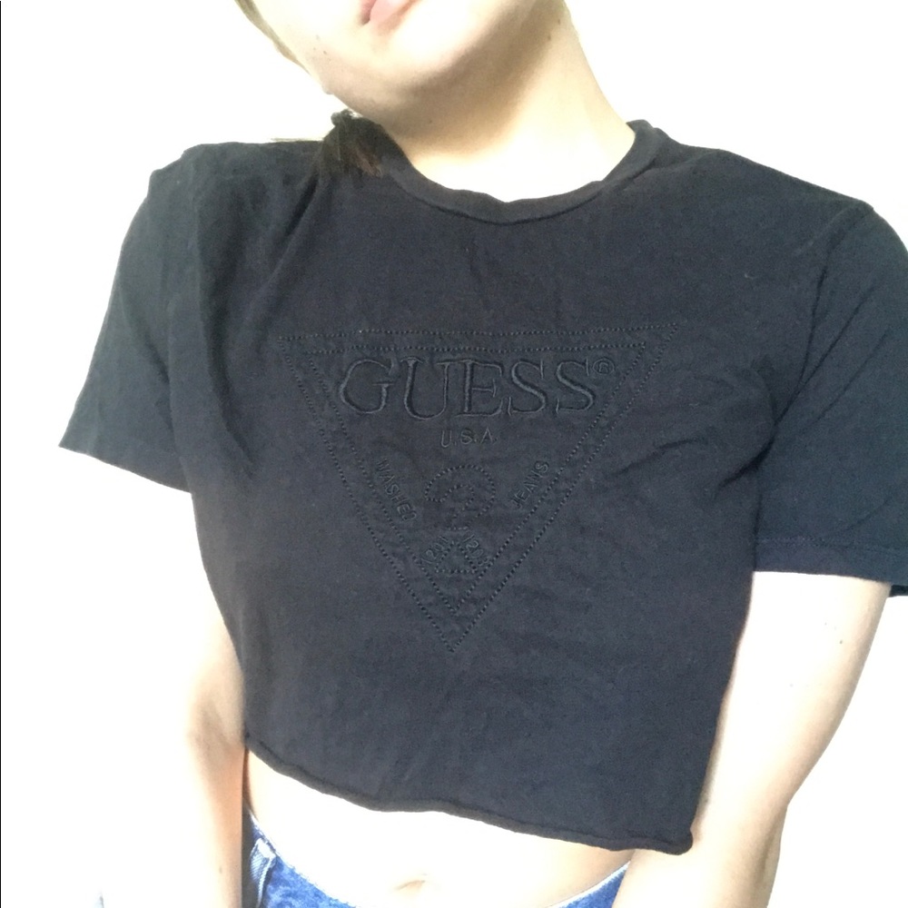 Guess Cropped Cotton Short Sleeve Tee Black Size L